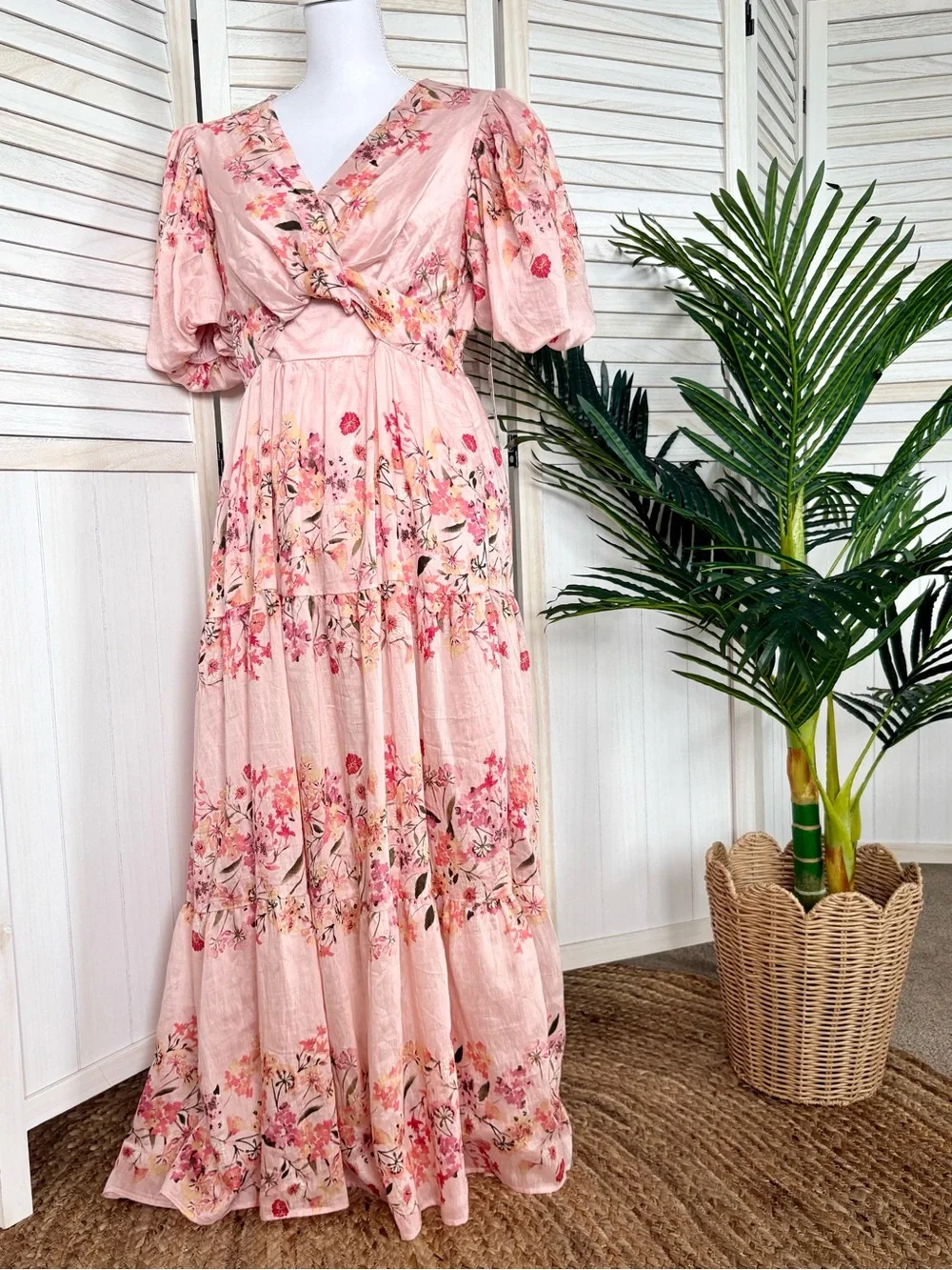 Taylor Floral Puff Sleeve Maxi Dress Pink Tiered Cottagecore Romantic Size 8 NWT